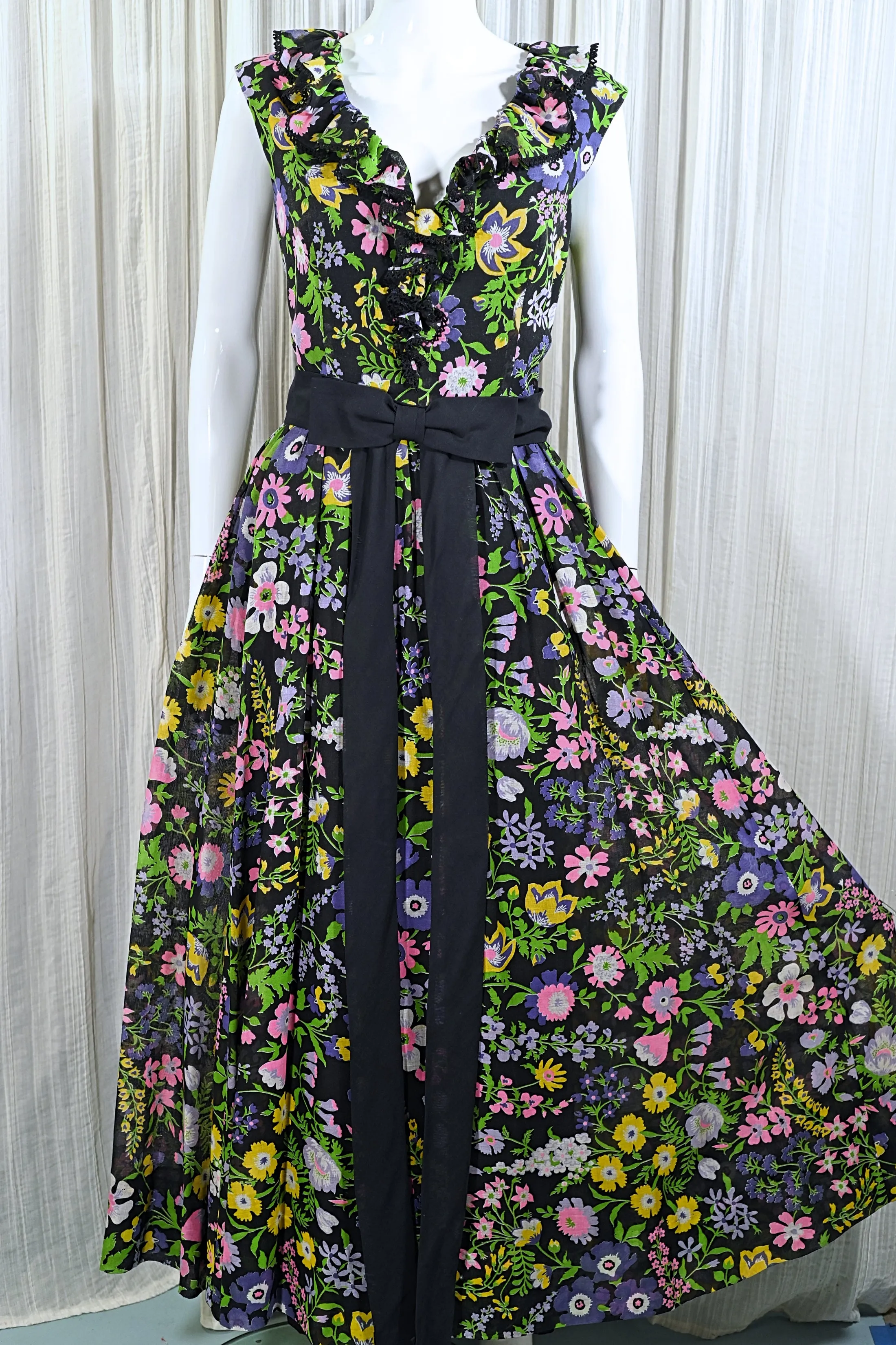 SOLD Miss Elliette 70s Floral Print Ruffle Dress, Full Skirt Maxi Dress