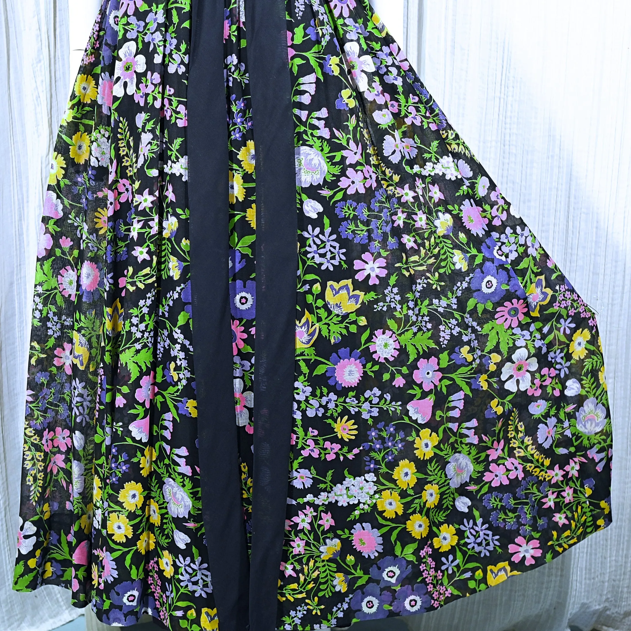 SOLD Miss Elliette 70s Floral Print Ruffle Dress, Full Skirt Maxi Dress