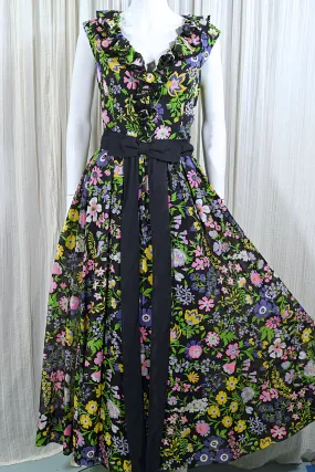 SOLD Miss Elliette 70s Floral Print Ruffle Dress, Full Skirt Maxi Dress