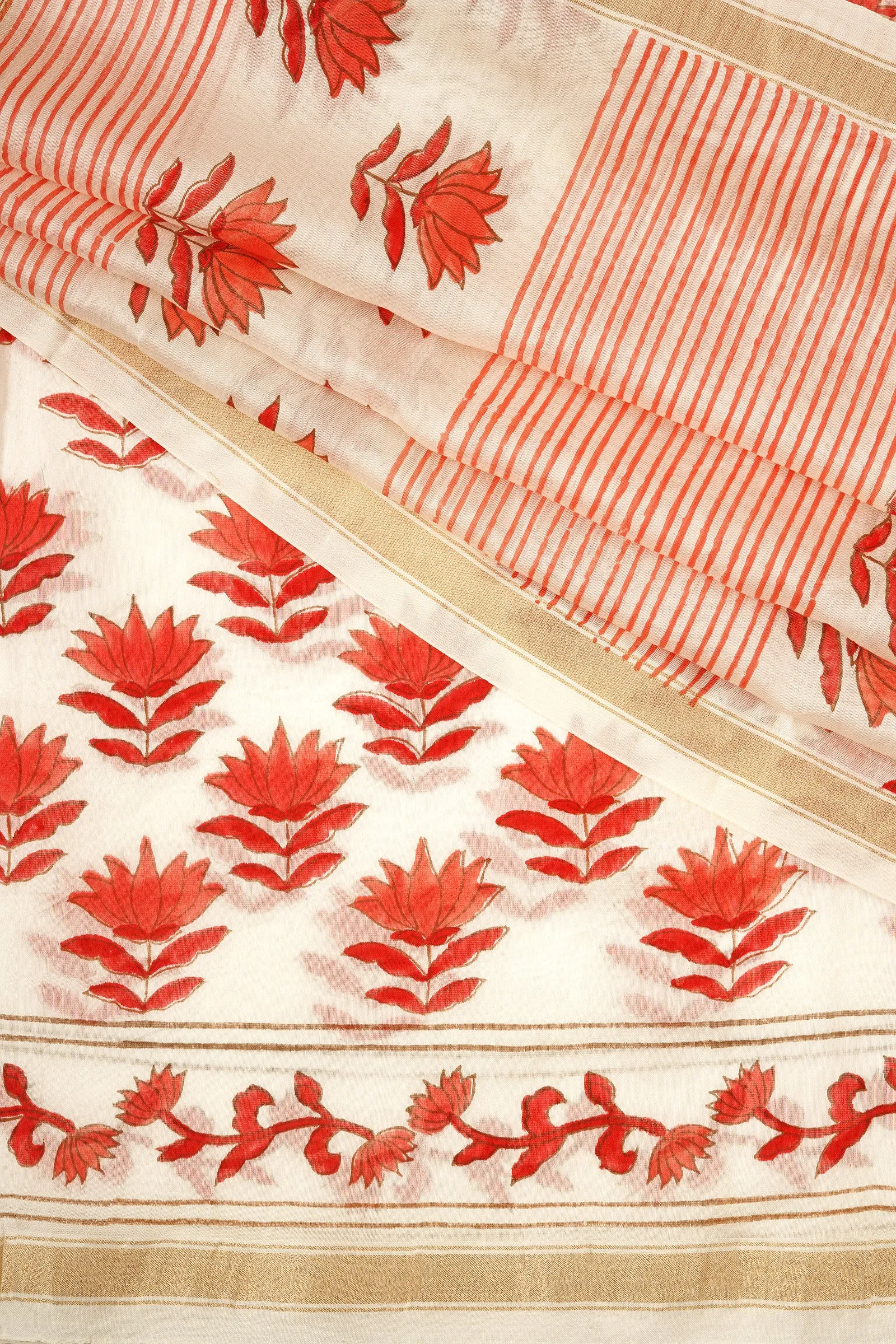 Teejh Gulabi Bahaar Pink and White Block Print Chanderi Silk Saree