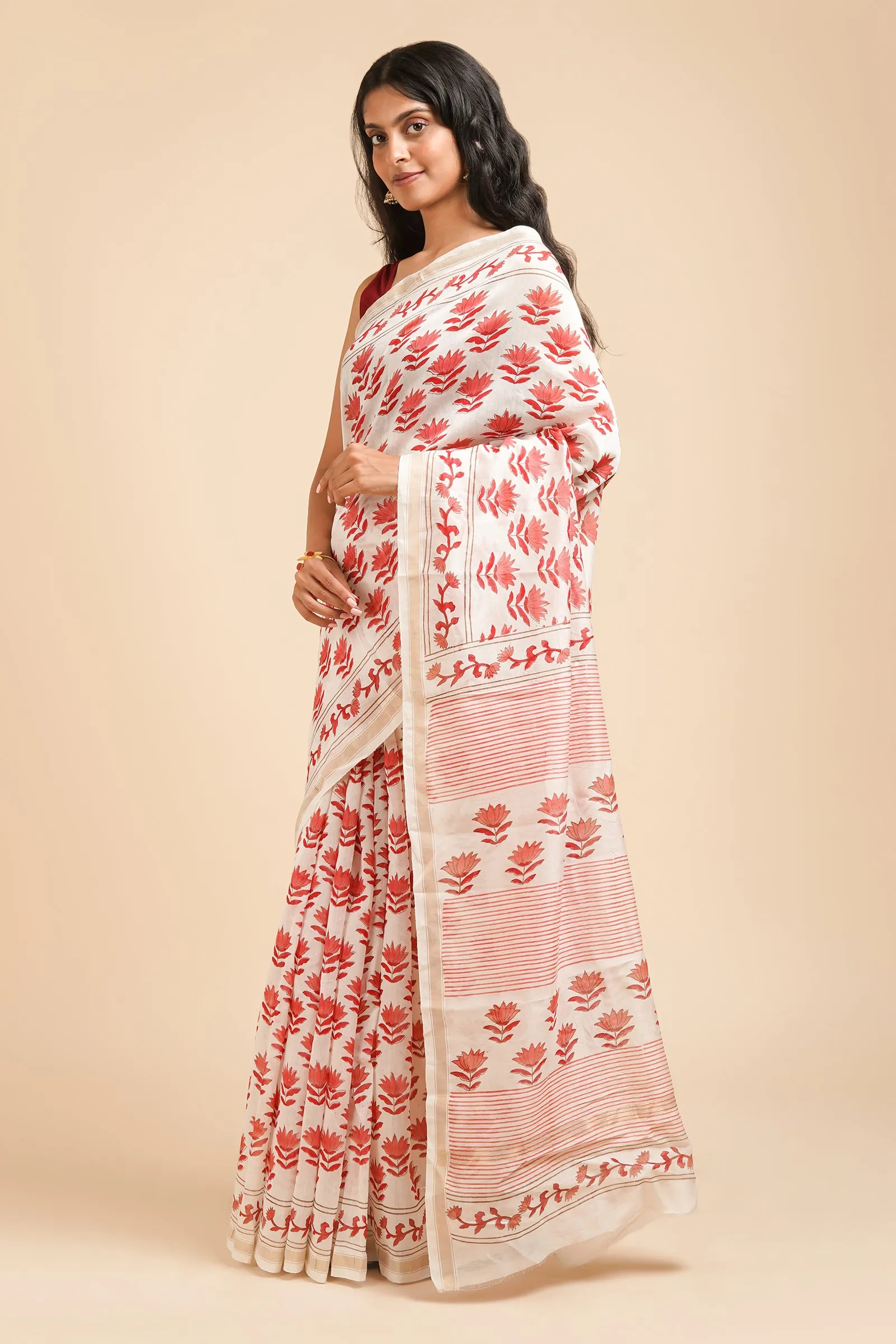Teejh Gulabi Bahaar Pink and White Block Print Chanderi Silk Saree