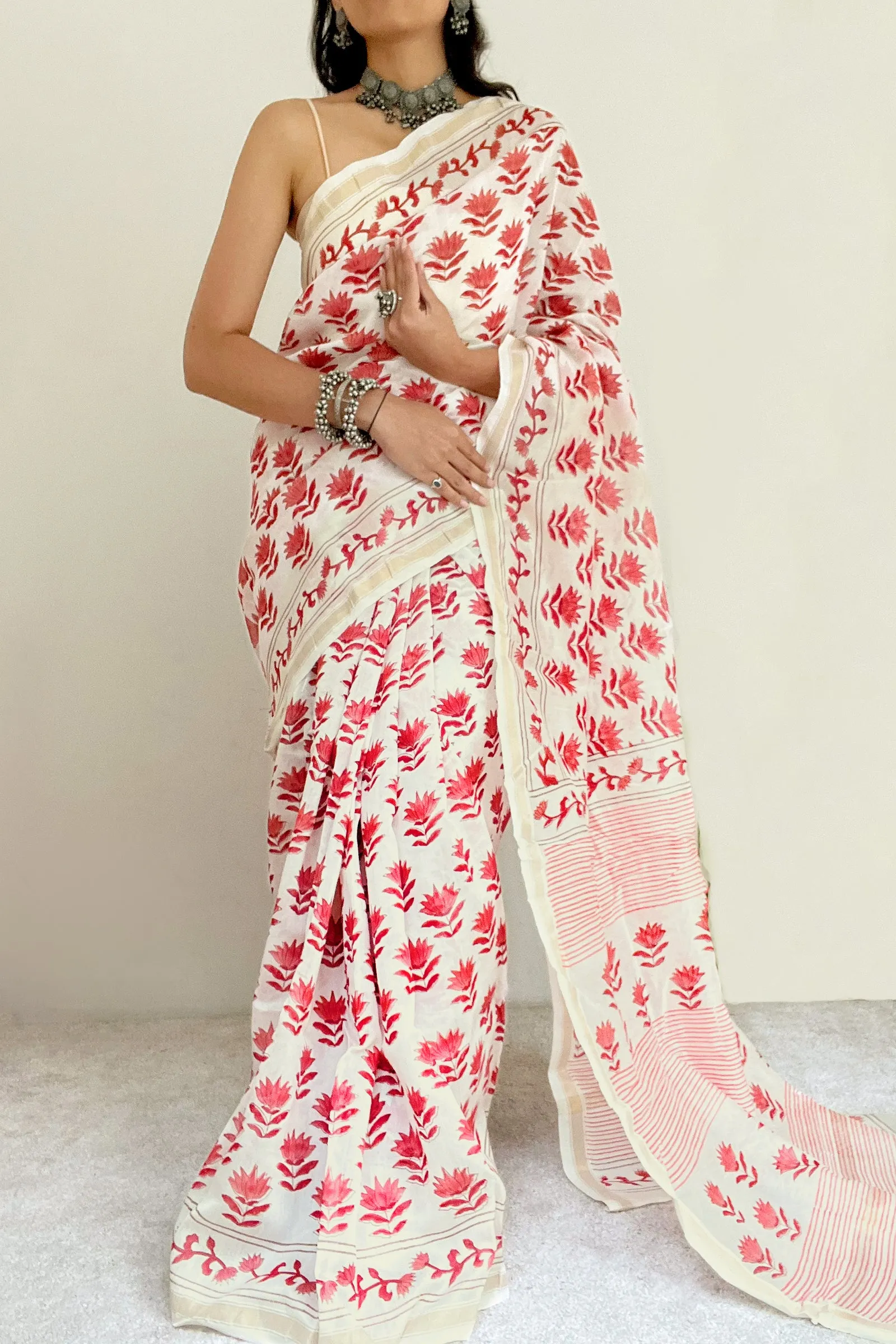 Teejh Gulabi Bahaar Pink and White Block Print Chanderi Silk Saree