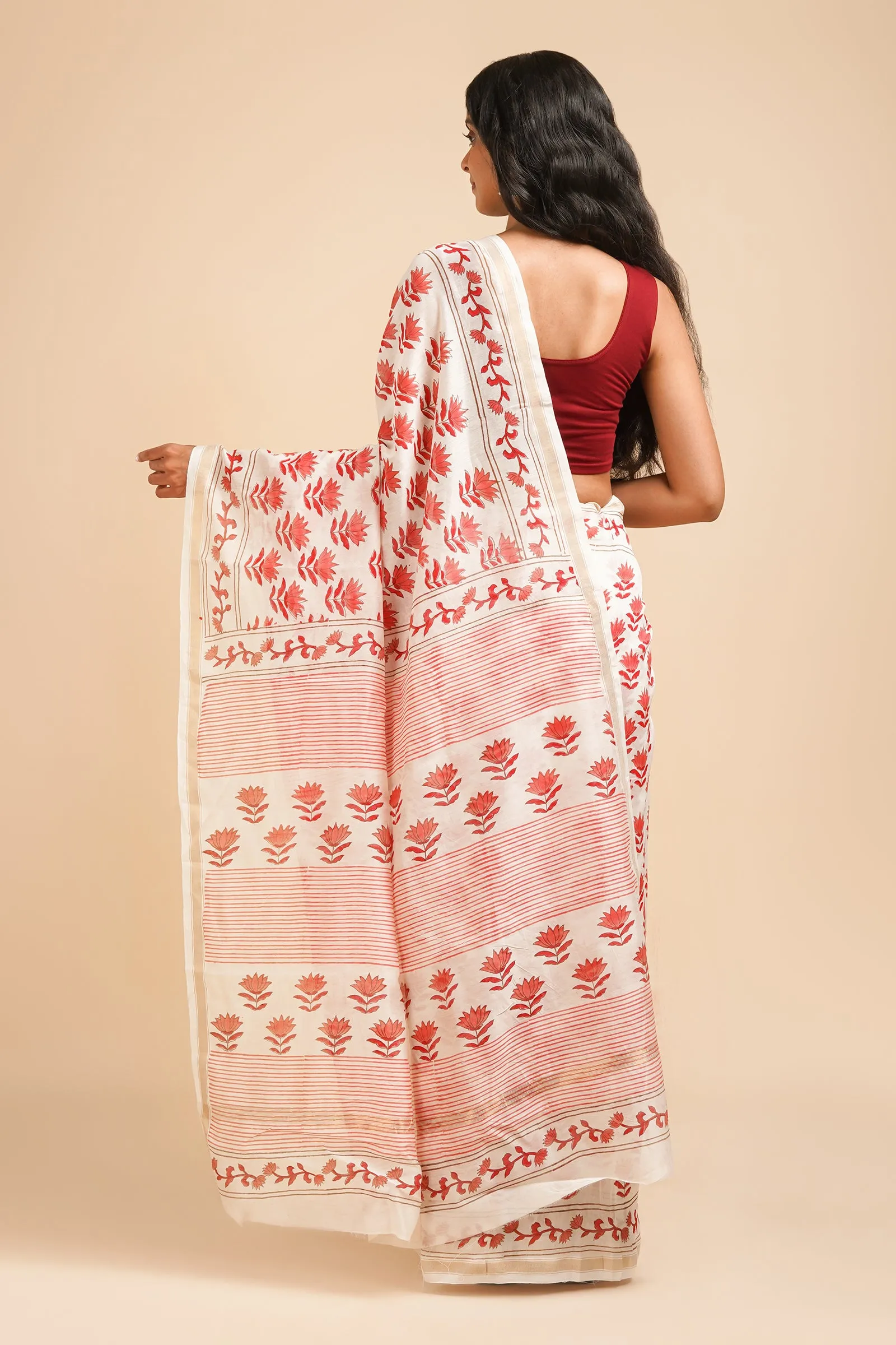 Teejh Gulabi Bahaar Pink and White Block Print Chanderi Silk Saree