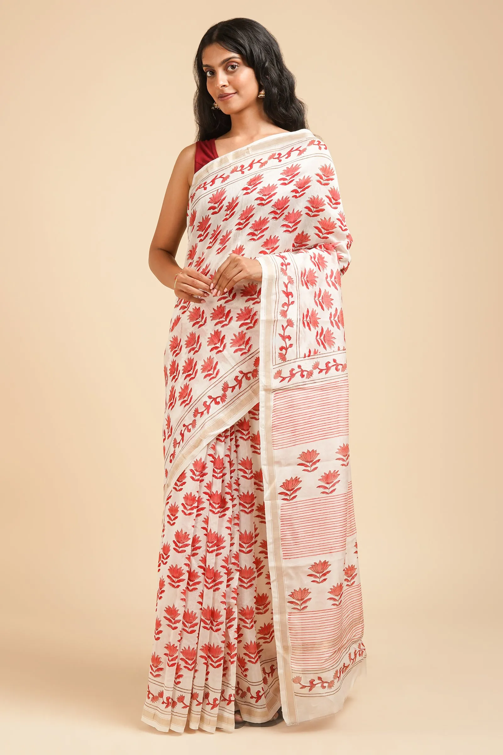 Teejh Gulabi Bahaar Pink and White Block Print Chanderi Silk Saree