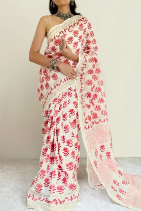 Teejh Gulabi Bahaar Pink and White Block Print Chanderi Silk Saree