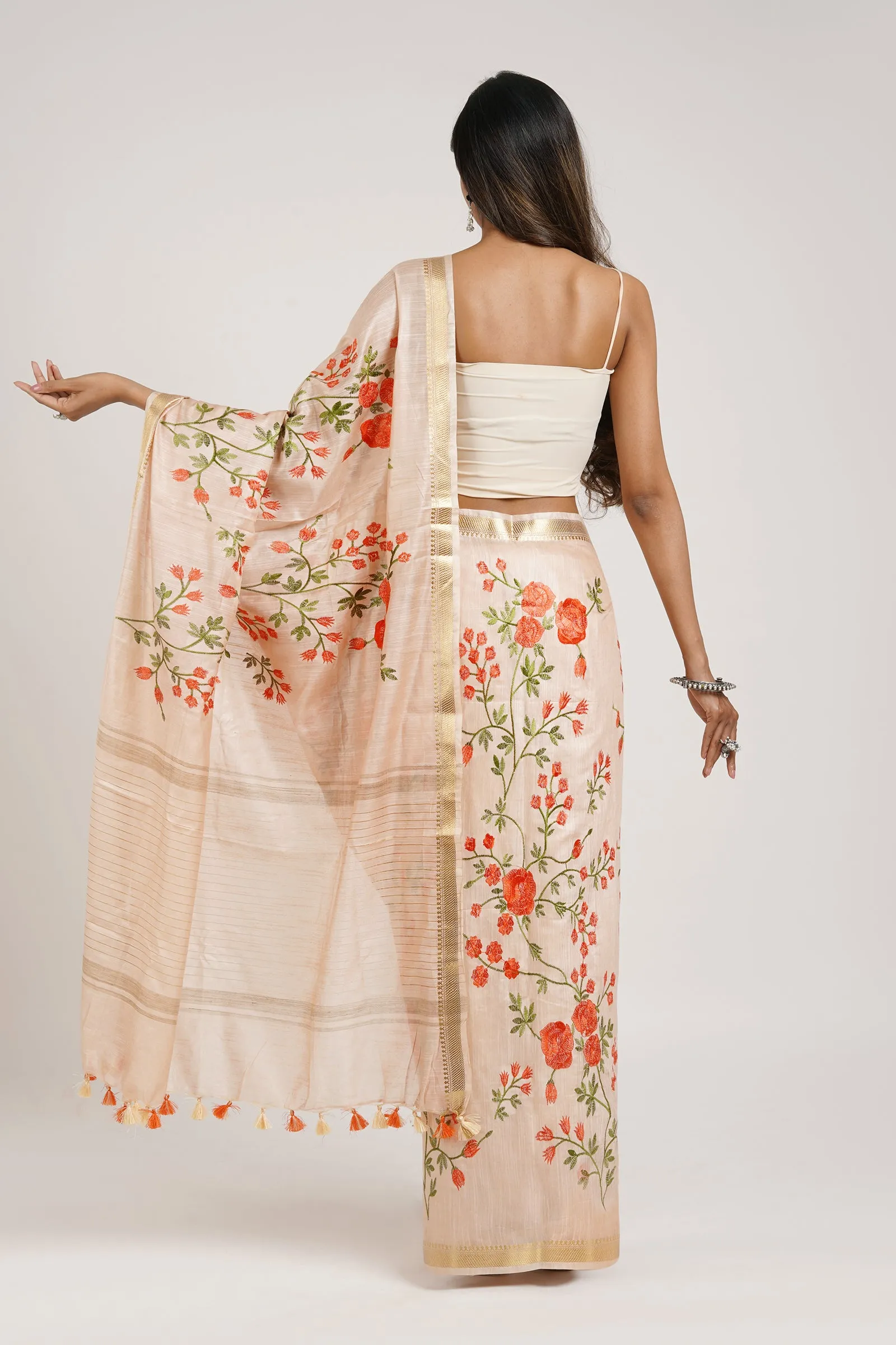 Teejh Gulrang Cream and Pink Silk Linen Saree with Blouse Piece