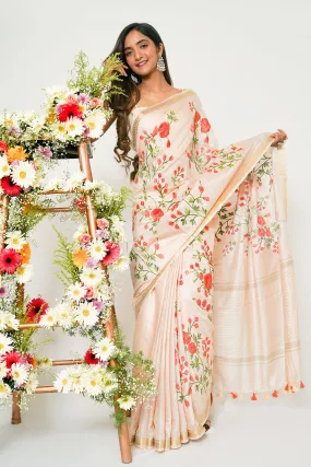 Teejh Gulrang Cream and Pink Silk Linen Saree with Blouse Piece