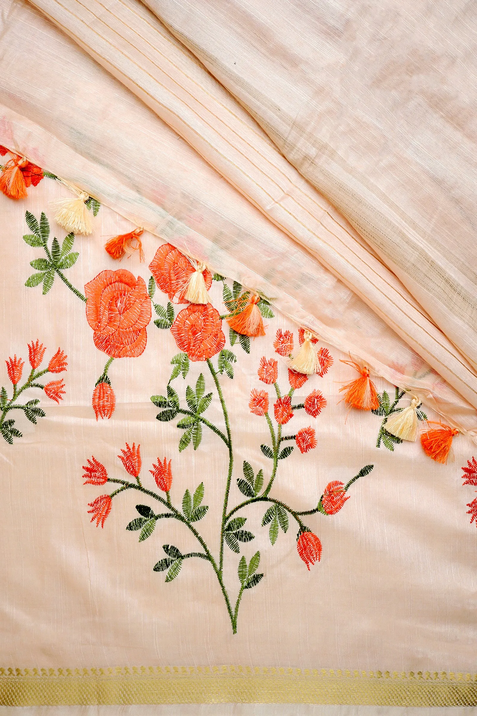 Teejh Gulrang Cream and Pink Silk Linen Saree with Blouse Piece
