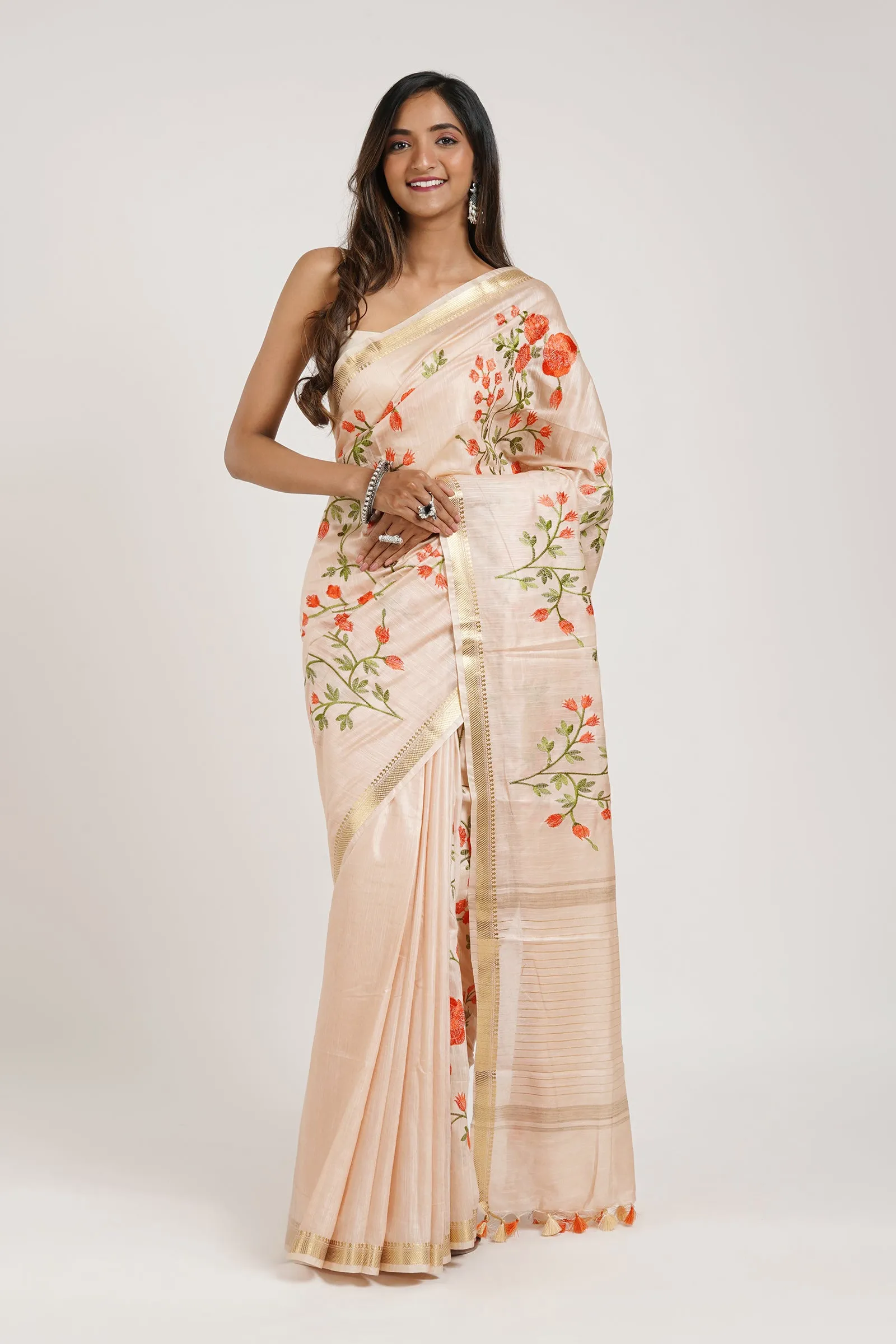 Teejh Gulrang Cream and Pink Silk Linen Saree with Blouse Piece