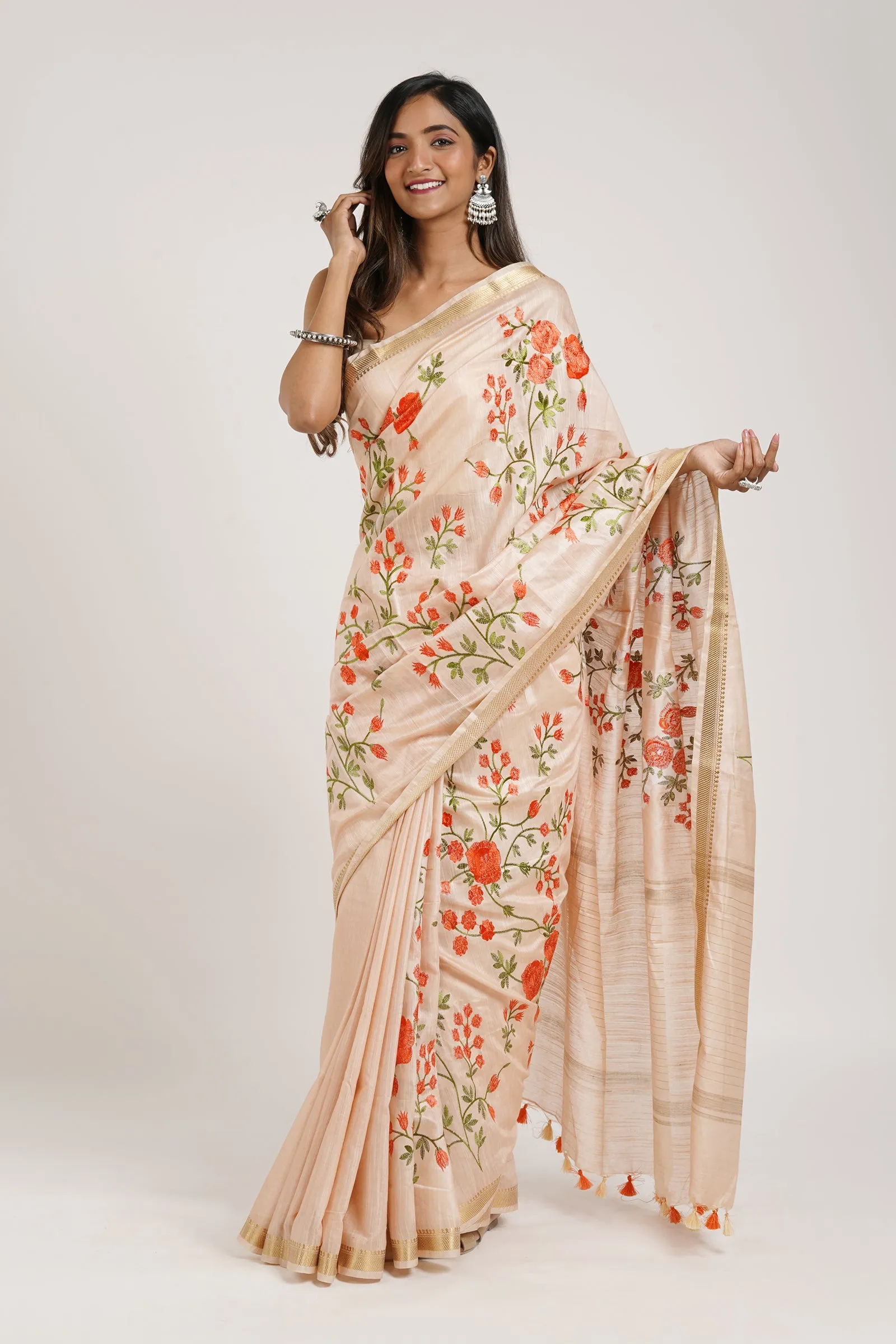 Teejh Gulrang Cream and Pink Silk Linen Saree with Blouse Piece