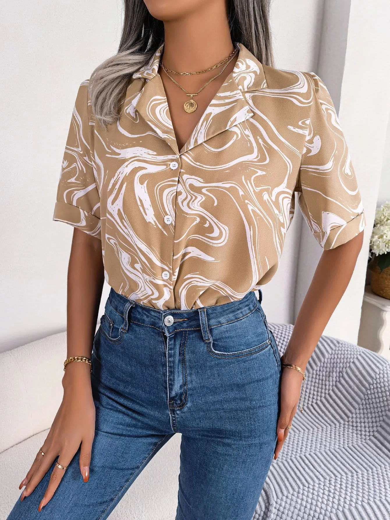 Tie Dye Printed Short Sleeve Shirt Summer Casual  Shirt Tops