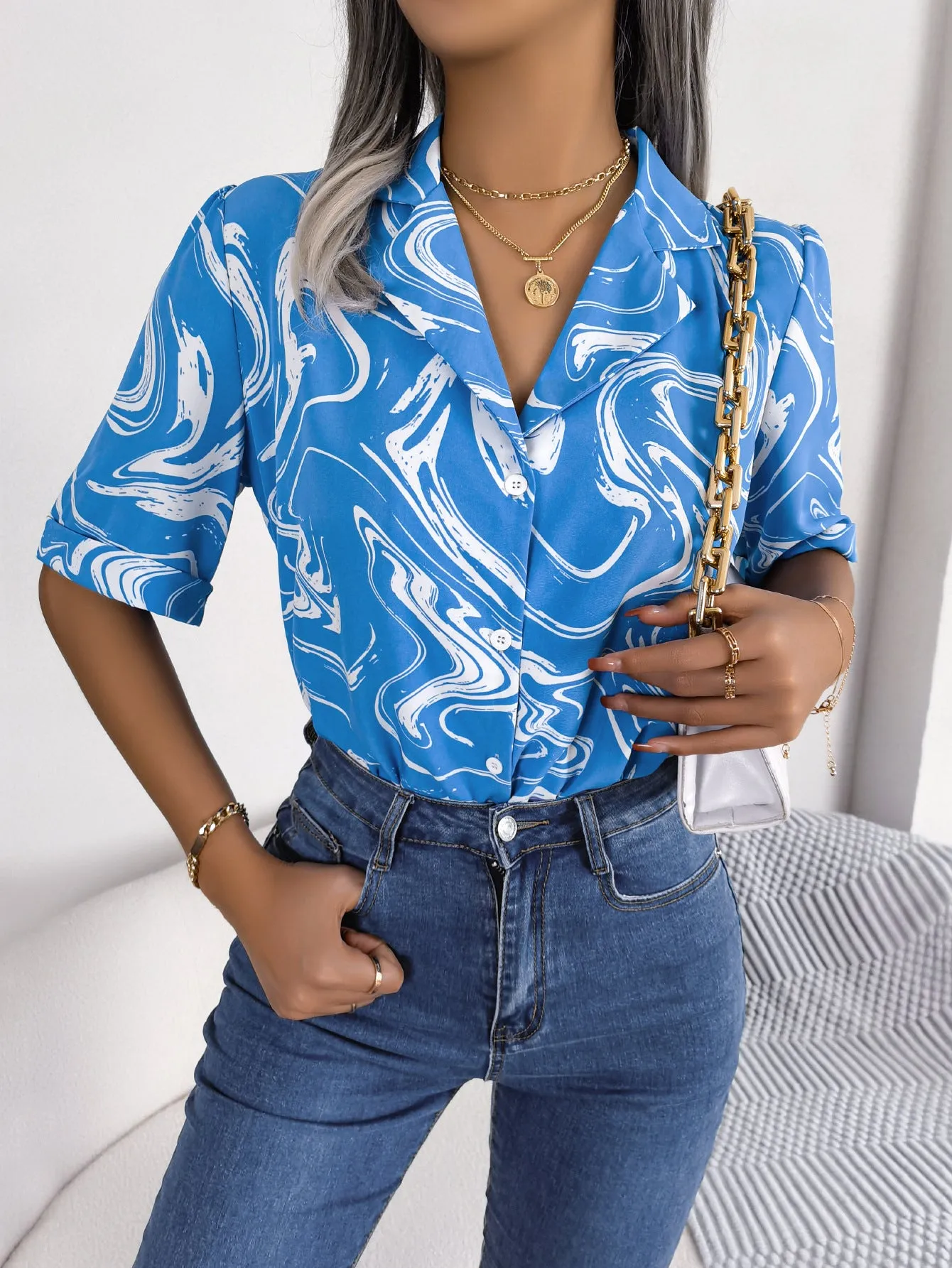 Tie Dye Printed Short Sleeve Shirt Summer Casual  Shirt Tops